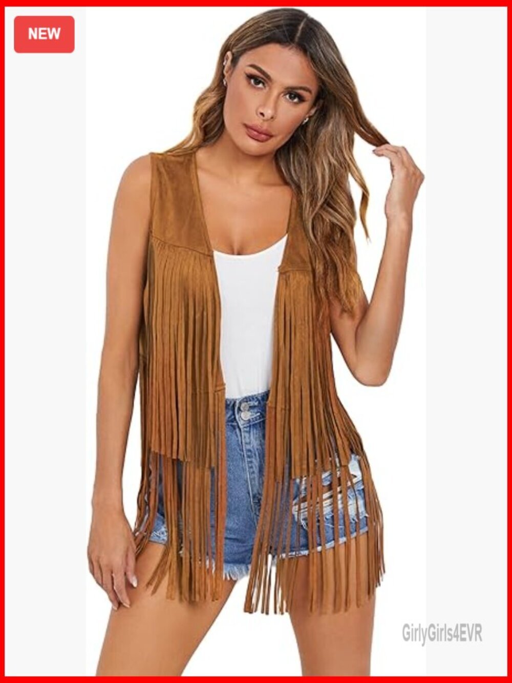 Faux Suede Vest with Tassels, Sleeveless, Regular Fit, X-Large